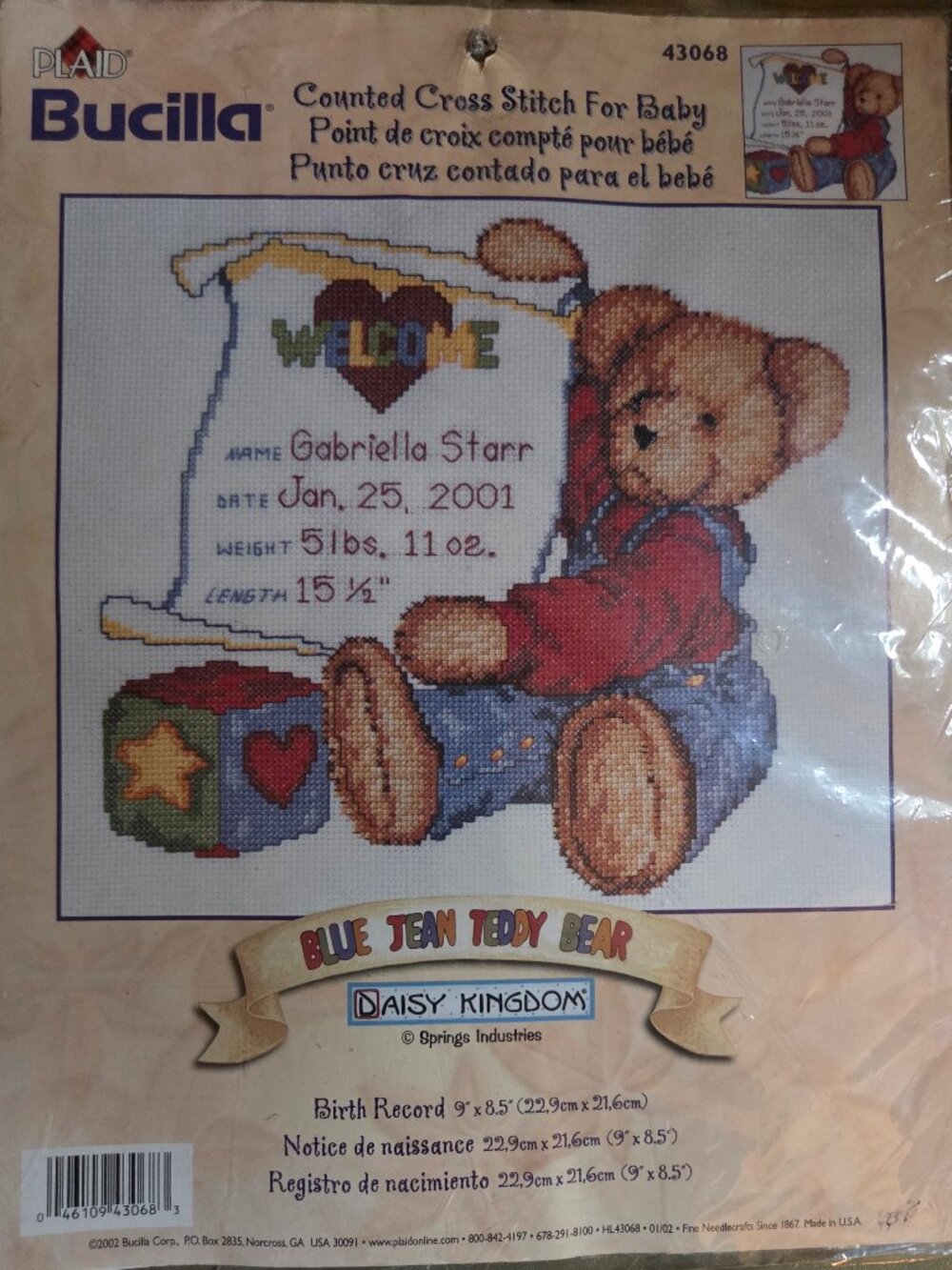 NEW Bucilla Blue Jean Teddy Bear Birth Record Counted Cross Stitch Kit 43068